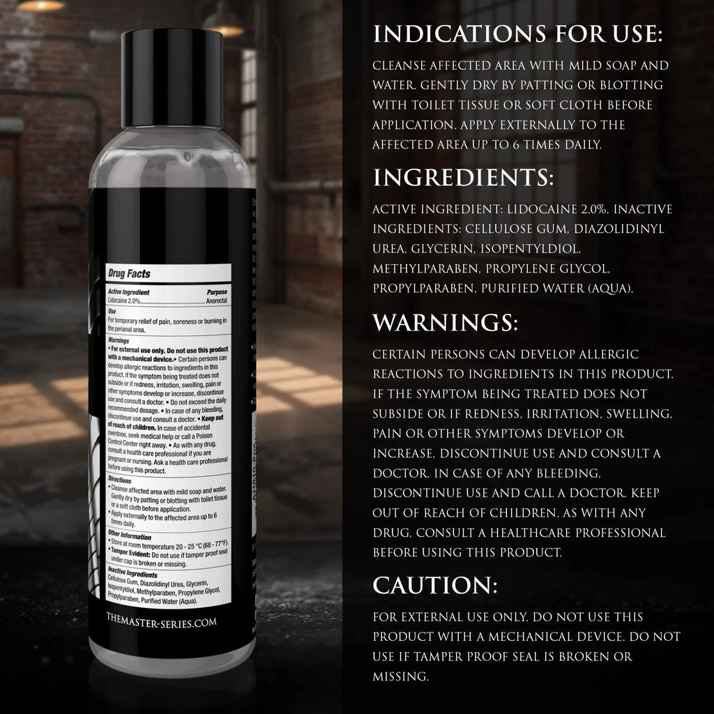 Master Series Fisting Lubricant clear bottle with black label showing drug facts, ingredients, and usage warnings.