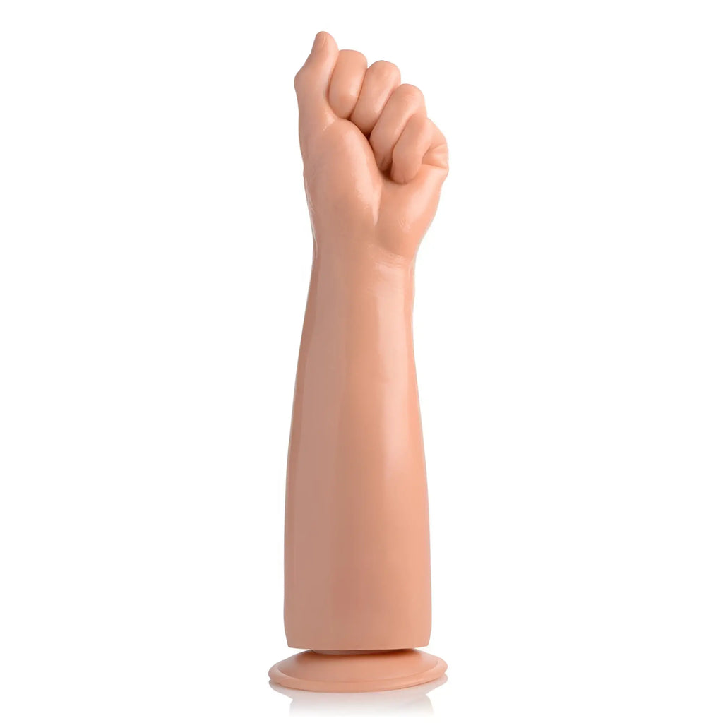 Master Series Fisto Clenched Fist dildo in a realistic skin tone, featuring a long forearm and a suction cup base.