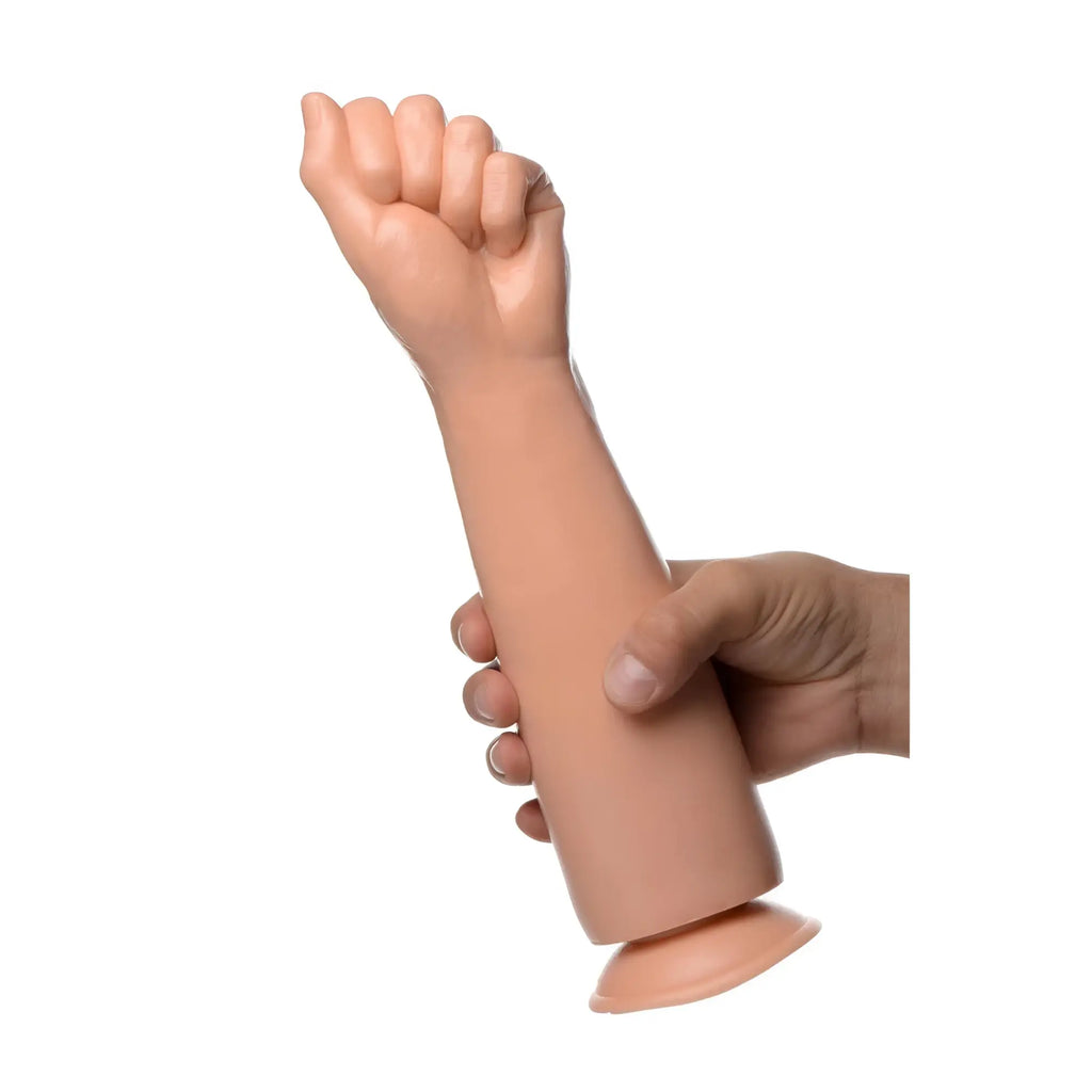 Master Series Fisto Clenched Fist dildo in light skin tone, featuring a realistic forearm shape with a suction cup base.