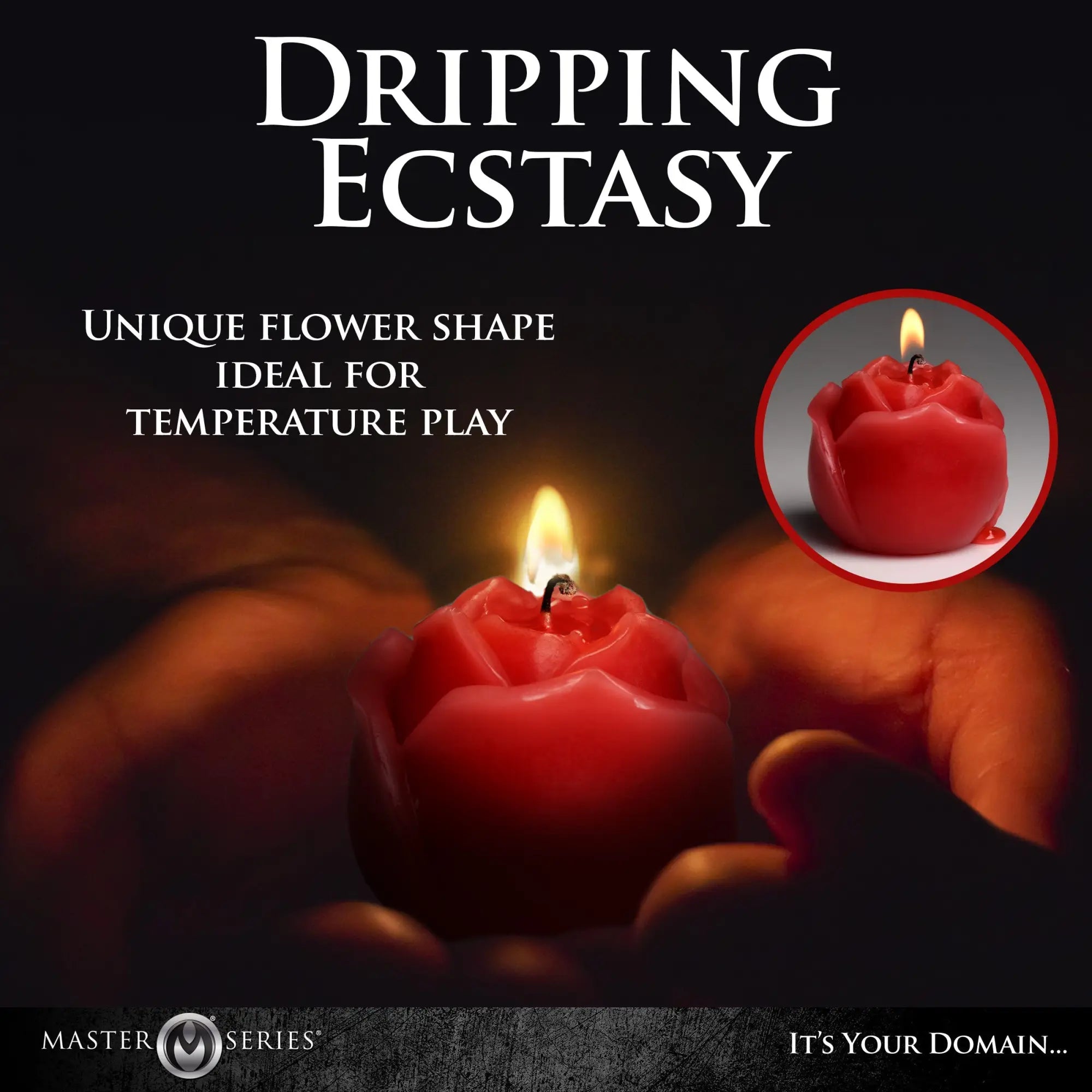 Master Series Flaming Rose Drip Candle: a red, rose-shaped wax candle with a lit wick, held in hands.