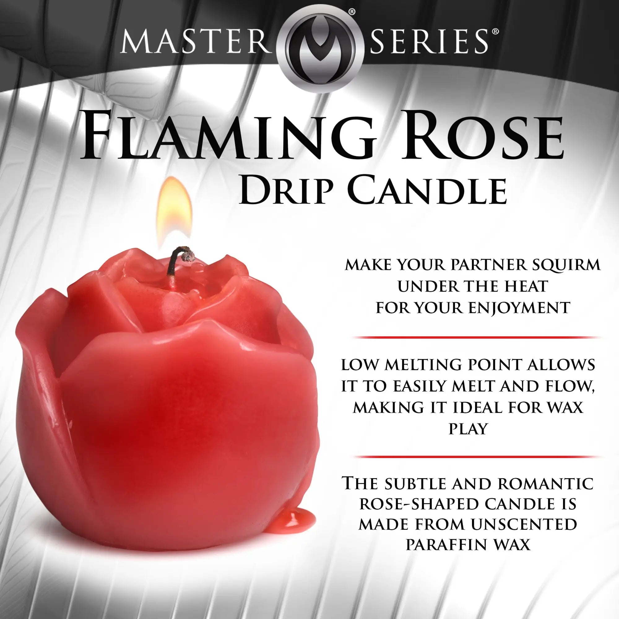 Master Series Flaming Rose Drip Candle: a red, rose-shaped unscented wax candle with a lit wick on a white background.