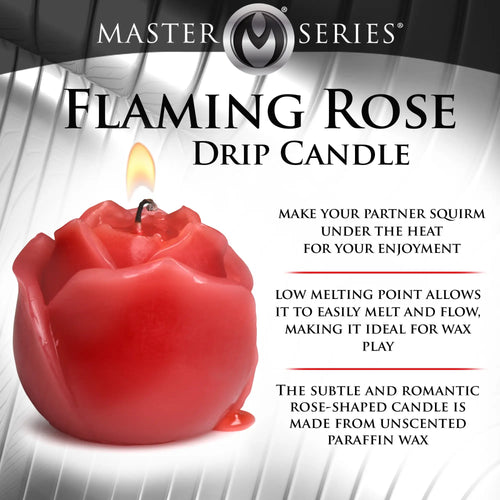 Master Series Flaming Rose Drip Candle: a red, rose-shaped unscented wax candle with a lit wick on a white background.