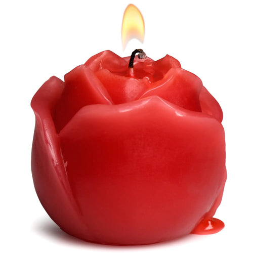 Master Series Flaming Rose Drip Candle: A bright red, rose-shaped candle lit with a flickering flame.