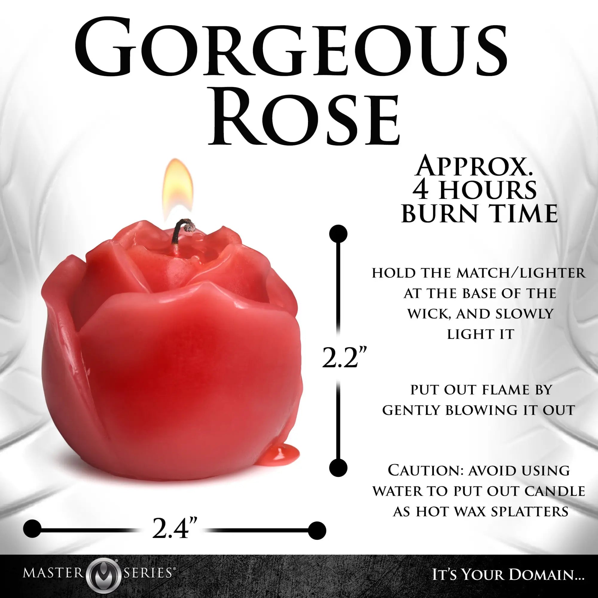 Master Series Flaming Rose Drip Candle: a red, rose-shaped candle with a lit wick and dimensions of 2.2" by 2.4".