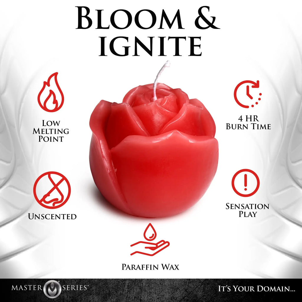 Master Series Flaming Rose Drip Candle: A bright red, rose-shaped candle surrounded by icons detailing product features.