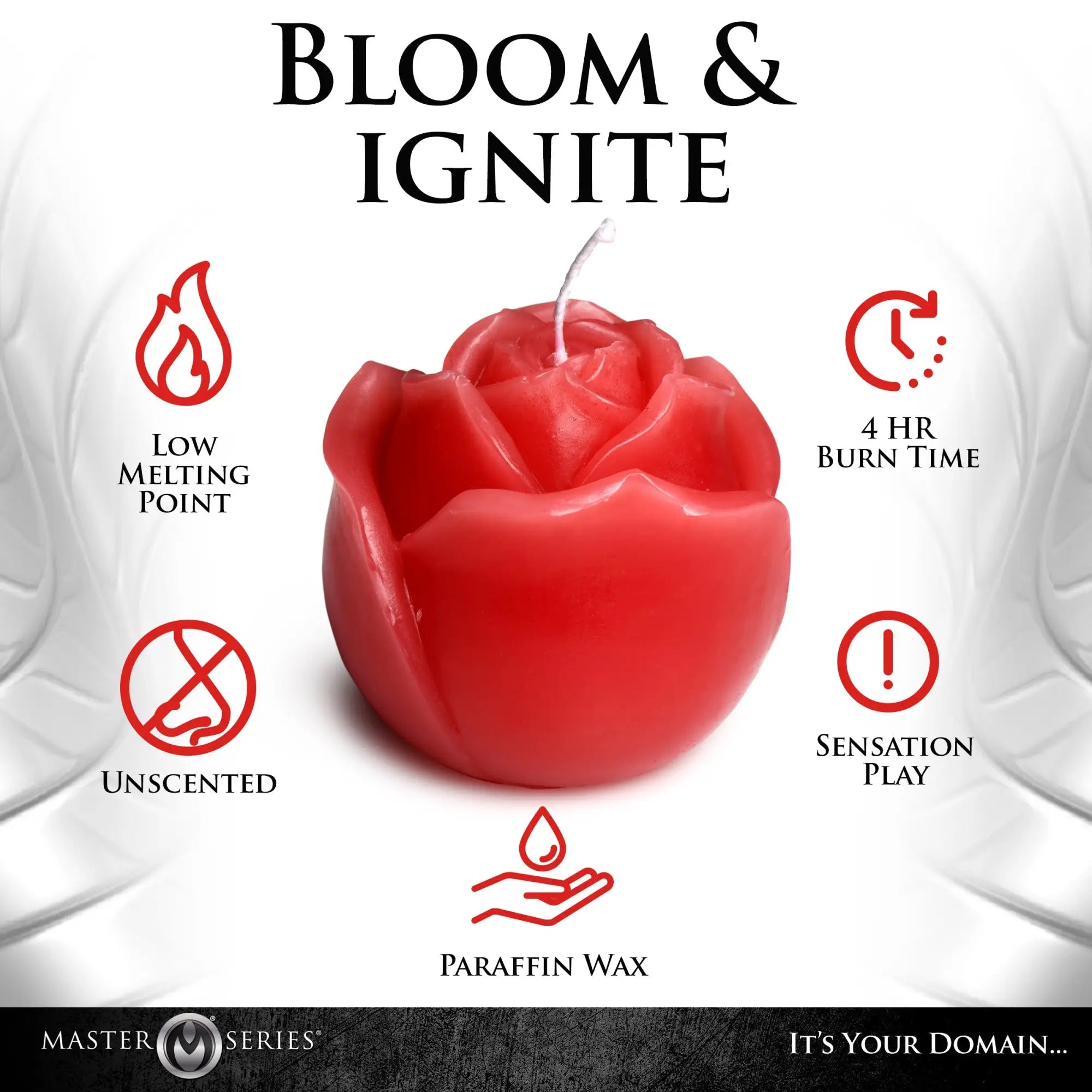 Master Series Flaming Rose Drip Candle: A bright red, rose-shaped candle surrounded by icons detailing product features.