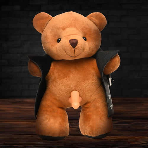 Master Series The Flasher Exhibitionist Teddy Bear: A brown plush bear wearing a black open vest with a phallic insert.