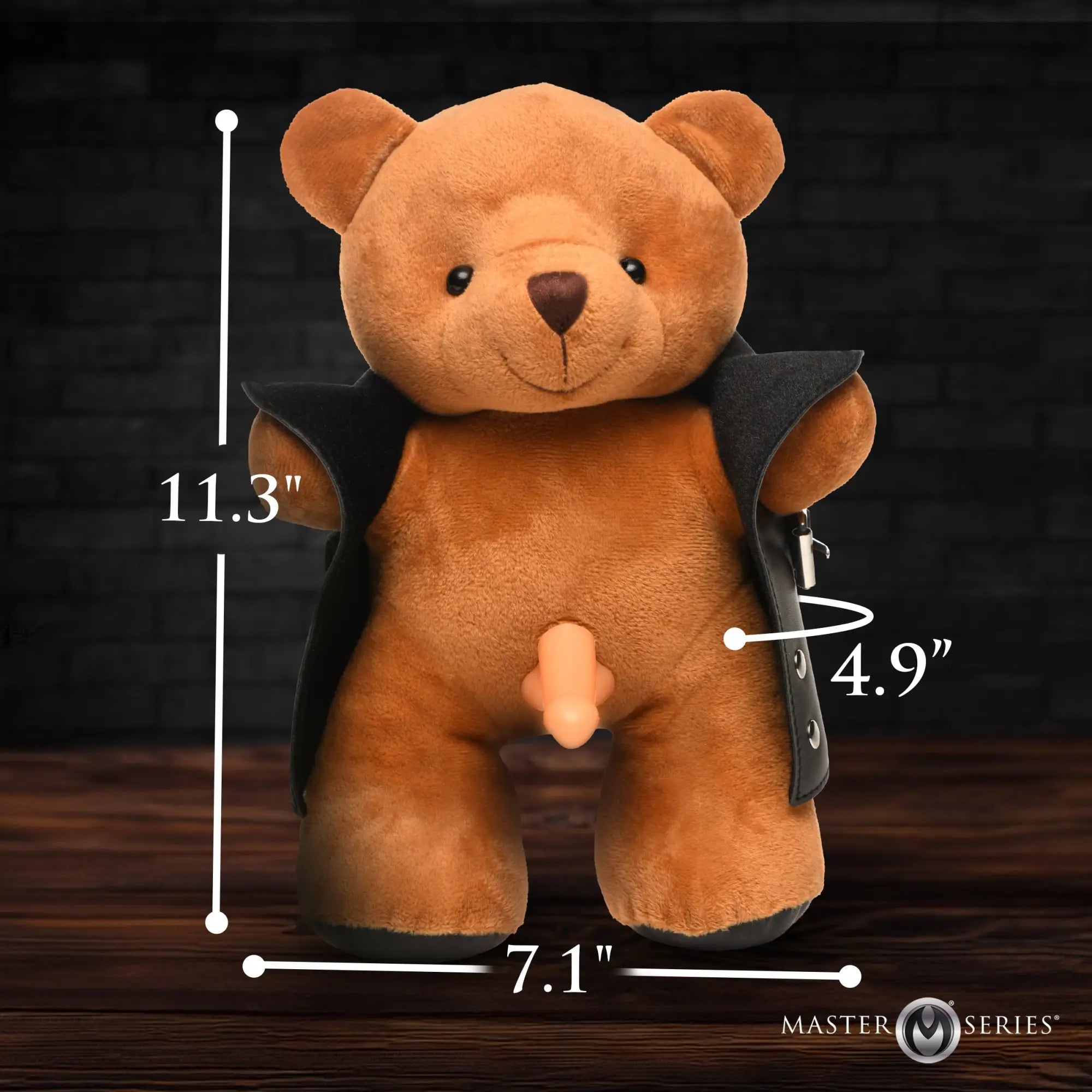 Master Series The Flasher Exhibitionist Teddy Bear, a brown plush toy wearing an open black trench coat, with dimensions.