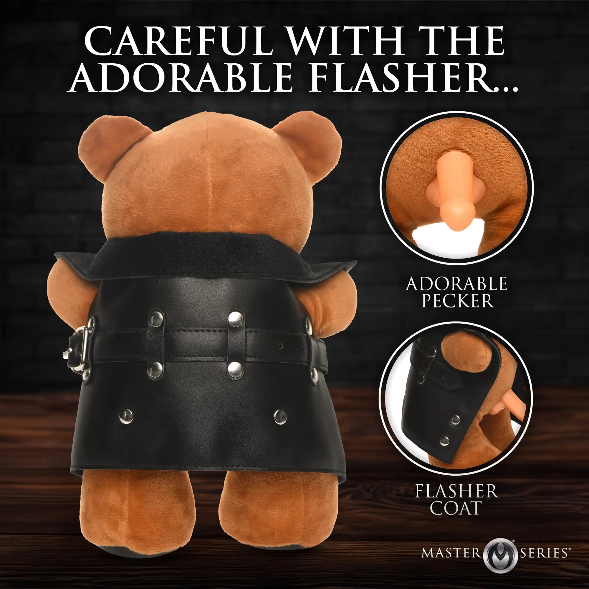 Master Series The Flasher teddy bear: brown plush bear wearing a black leather-style coat that opens to reveal a toy.