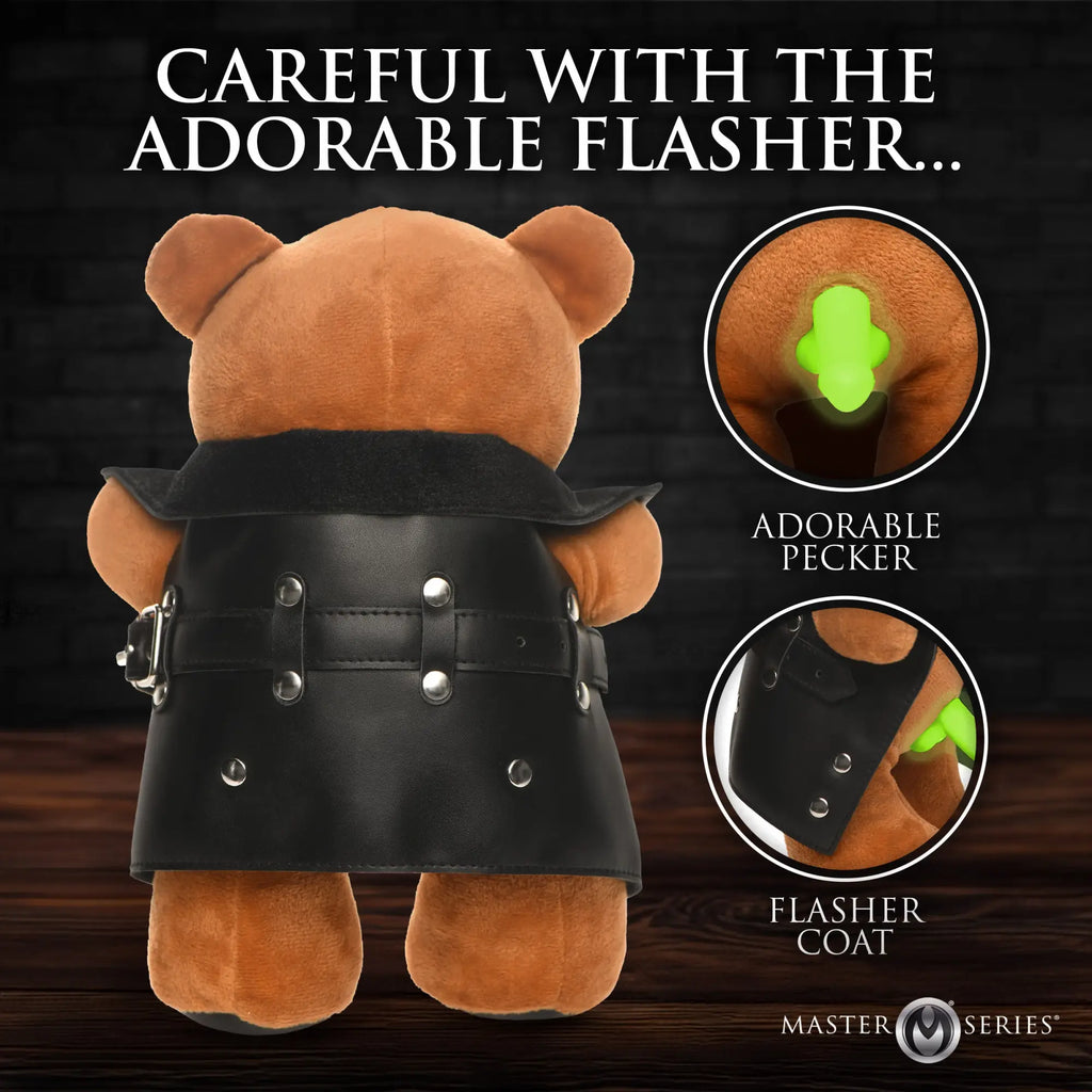 Master Series Flasher teddy bear wears a black faux-leather coat, revealing a glow-in-the-dark phallic detail.