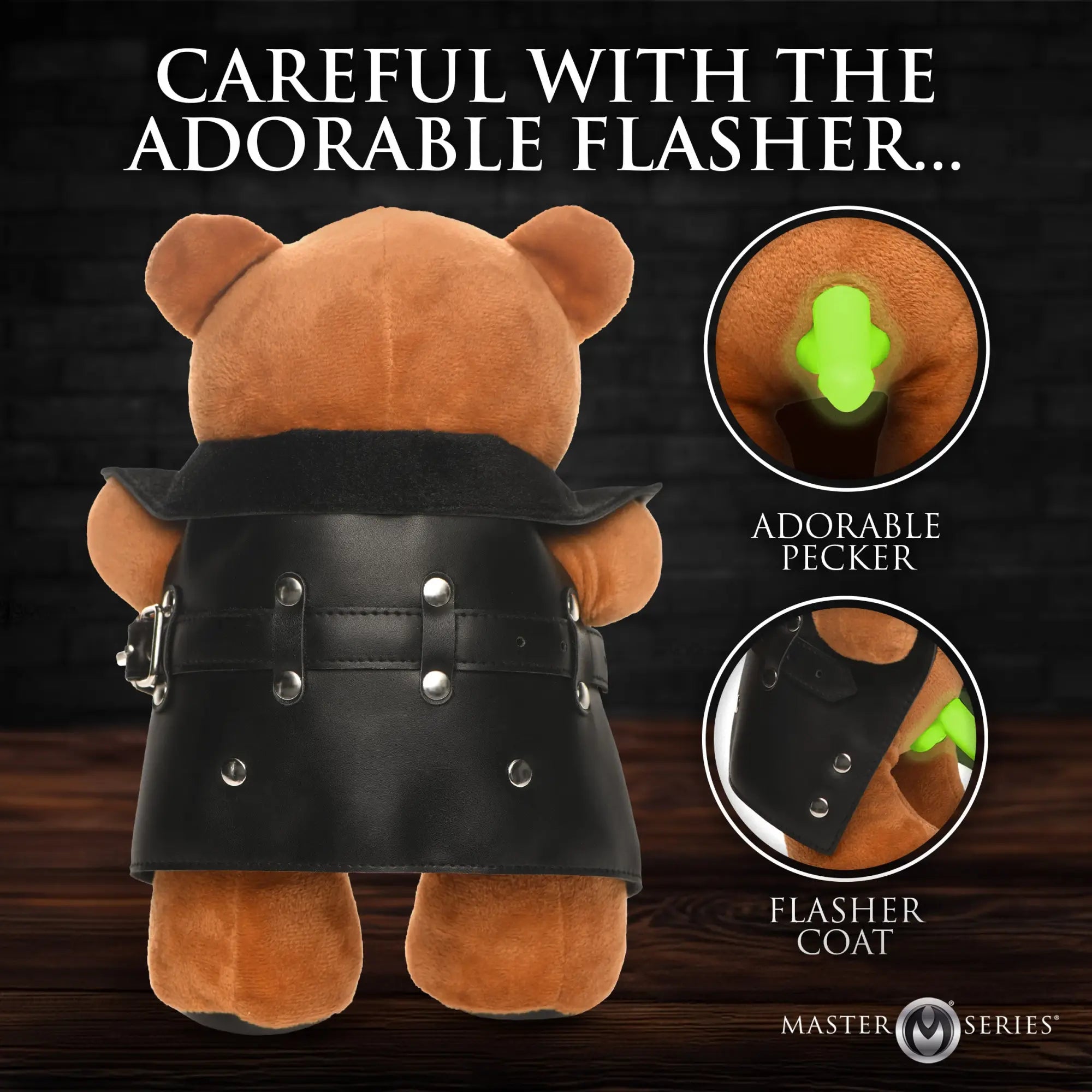 Master Series Flasher teddy bear wears a black faux-leather coat, revealing a glow-in-the-dark phallic detail.
