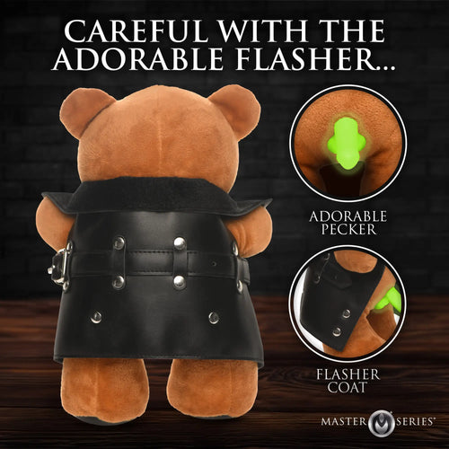 Master Series Flasher teddy bear wears a black faux-leather coat, revealing a glow-in-the-dark phallic detail.