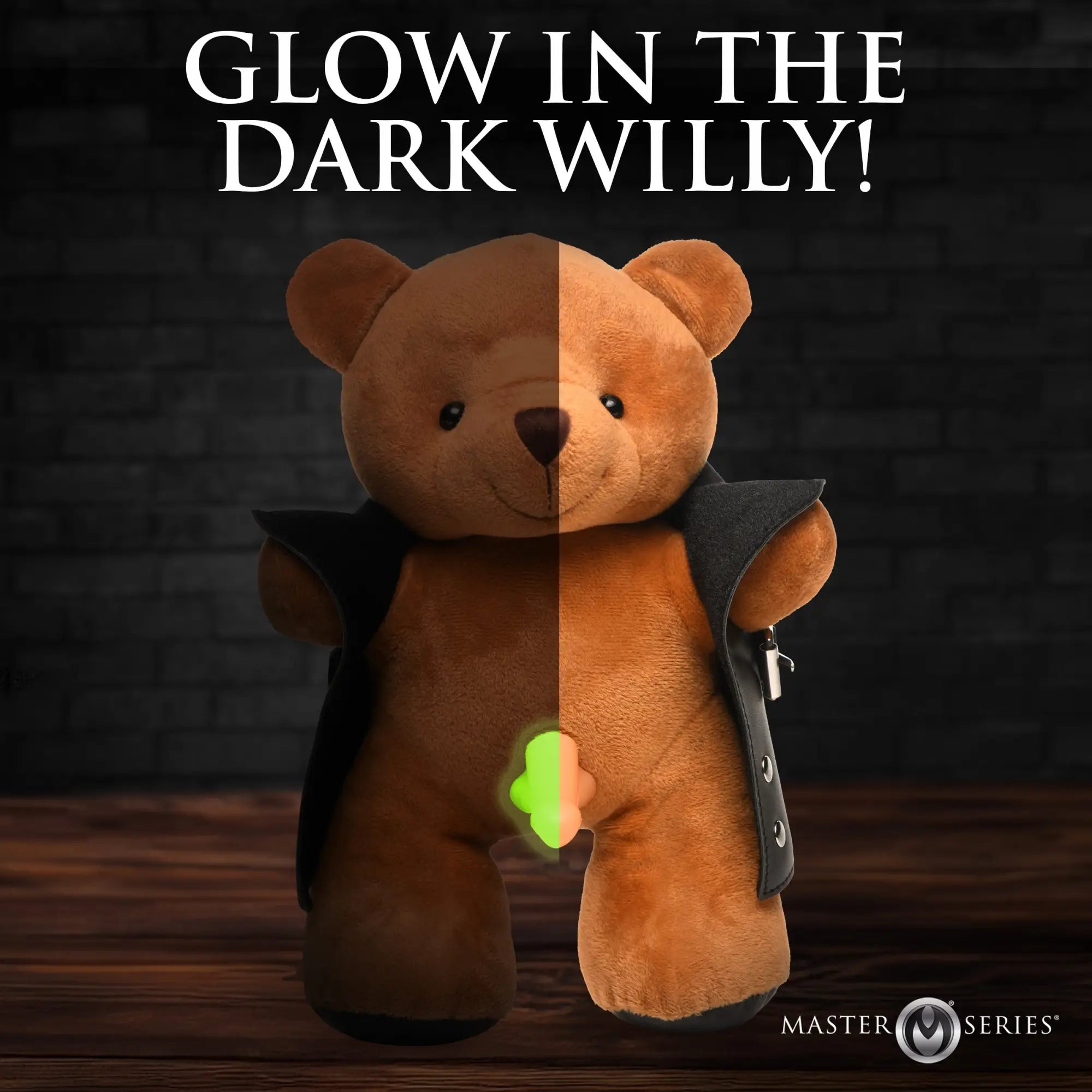 Master Series The Flasher teddy bear wears a black leather-style coat, featuring a green glow-in-the-dark penis.