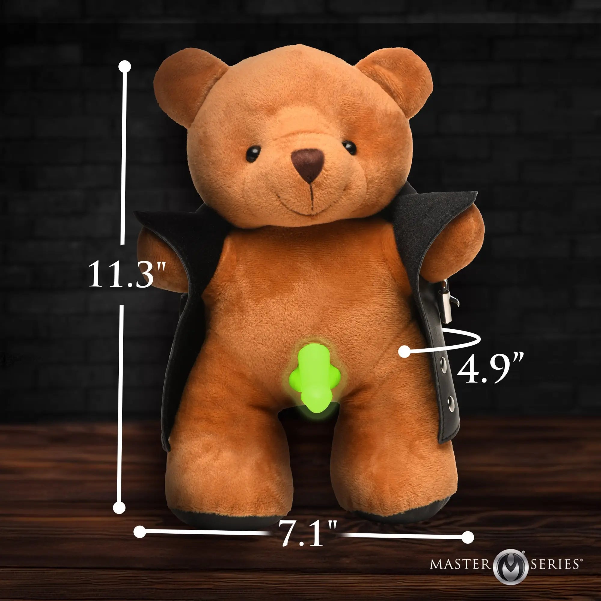 Master Series Flasher glow-in-the-dark teddy bear in a black trench coat with measurement lines on a dark background.