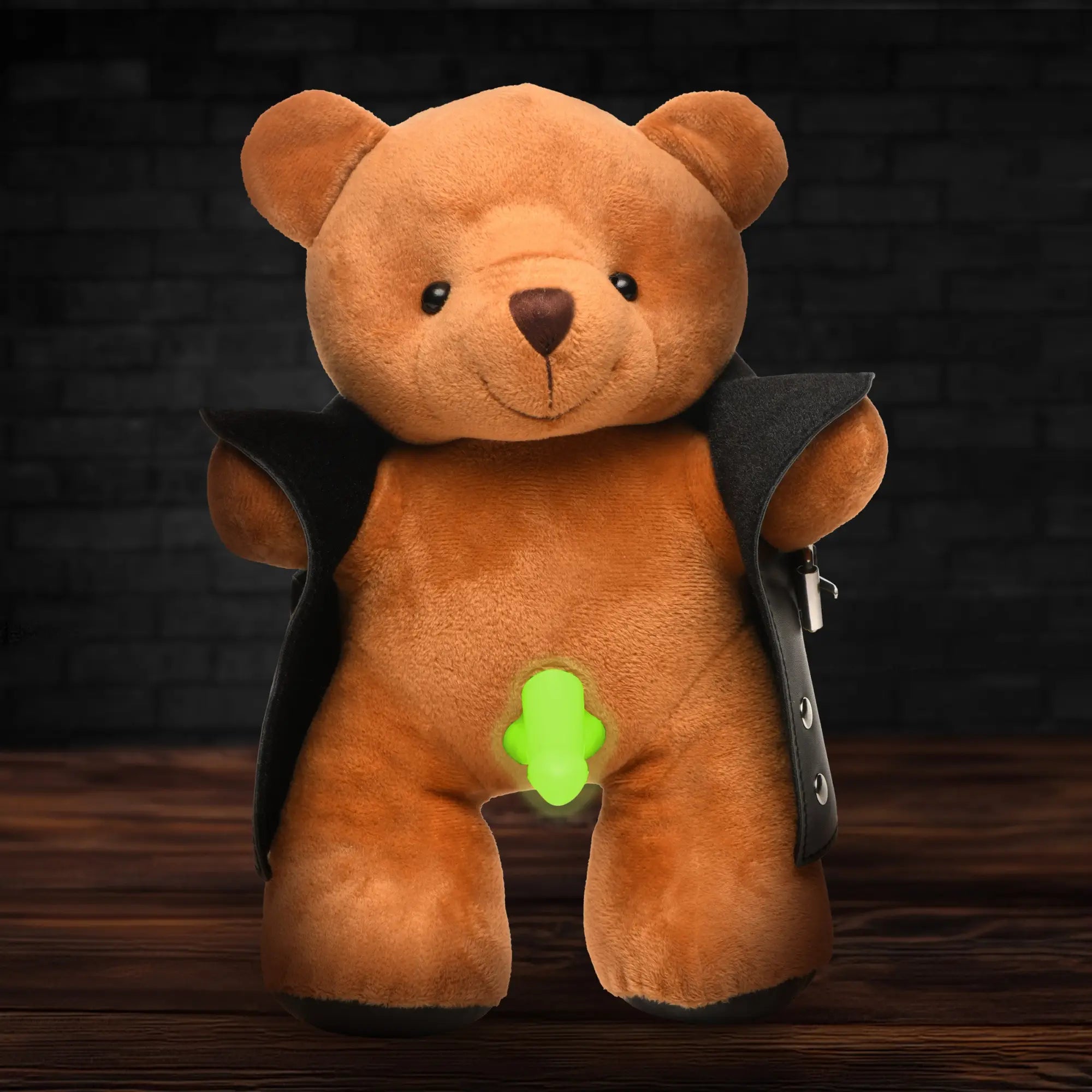 Master Series Flasher teddy bear: brown plush toy wearing a black trench coat, revealing a glow-in-the-dark phallic part.