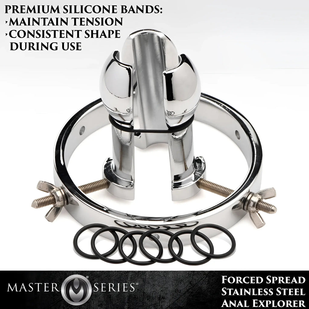 Master Series stainless steel anal explorer with a metallic finish, adjustable ring, and included black silicone bands.