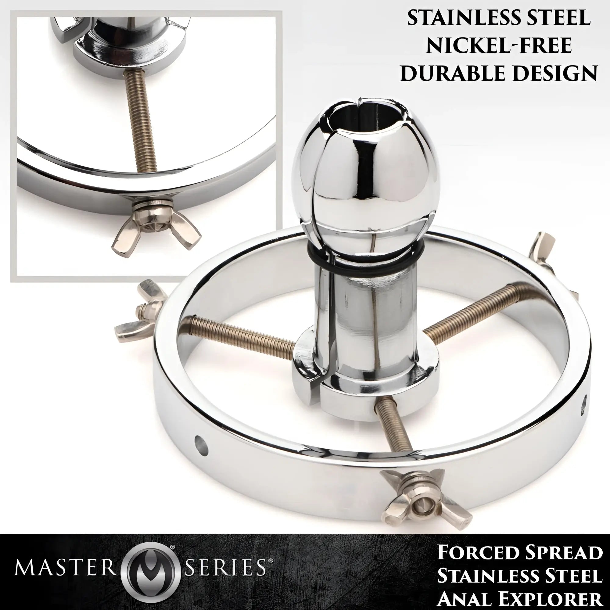 Master Series Forced Spread Stainless Steel Anal Explorer: a shiny, nickel-free chrome metal dilator with wing nuts.