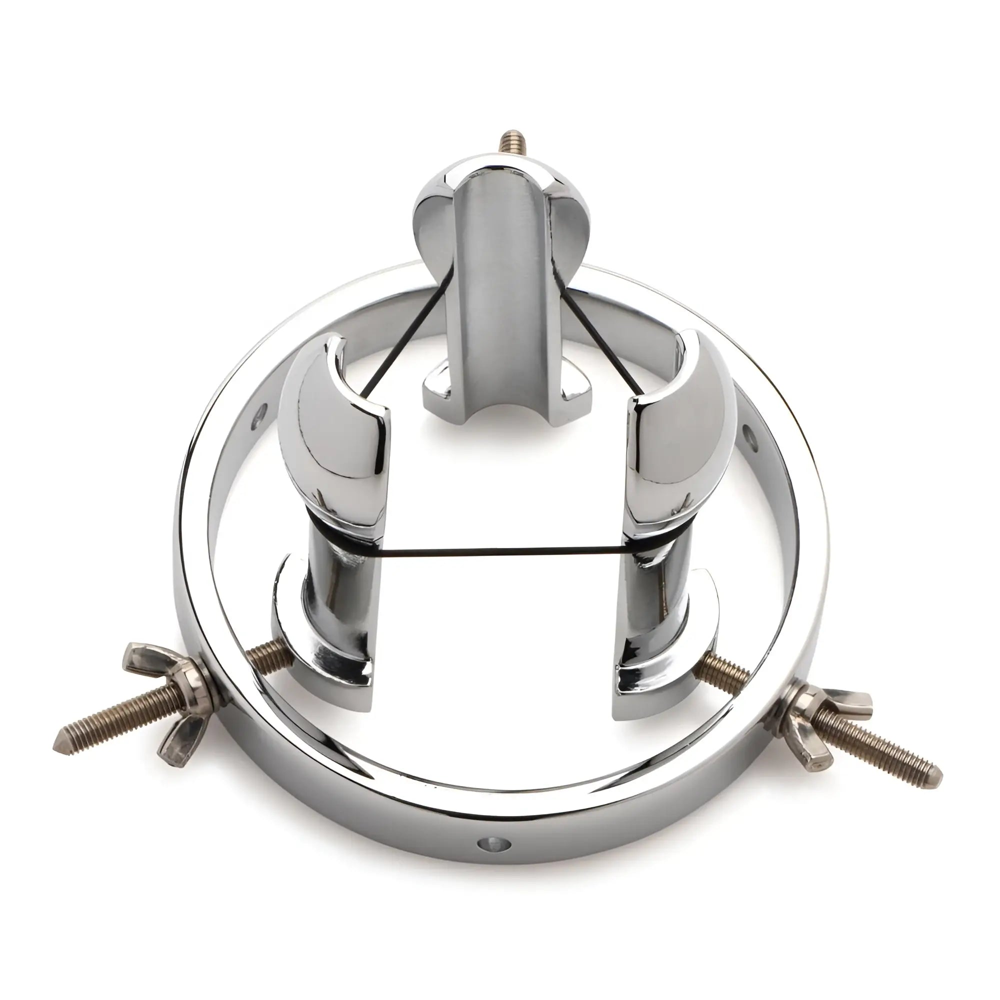 Master Series silver stainless steel anal explorer with a round frame, three adjustable prongs, and elastic bands.