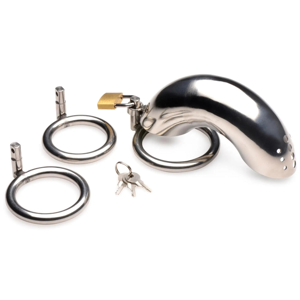 Master Series Forged Captor stainless steel cage kit with three base rings, a small brass padlock, and keys.