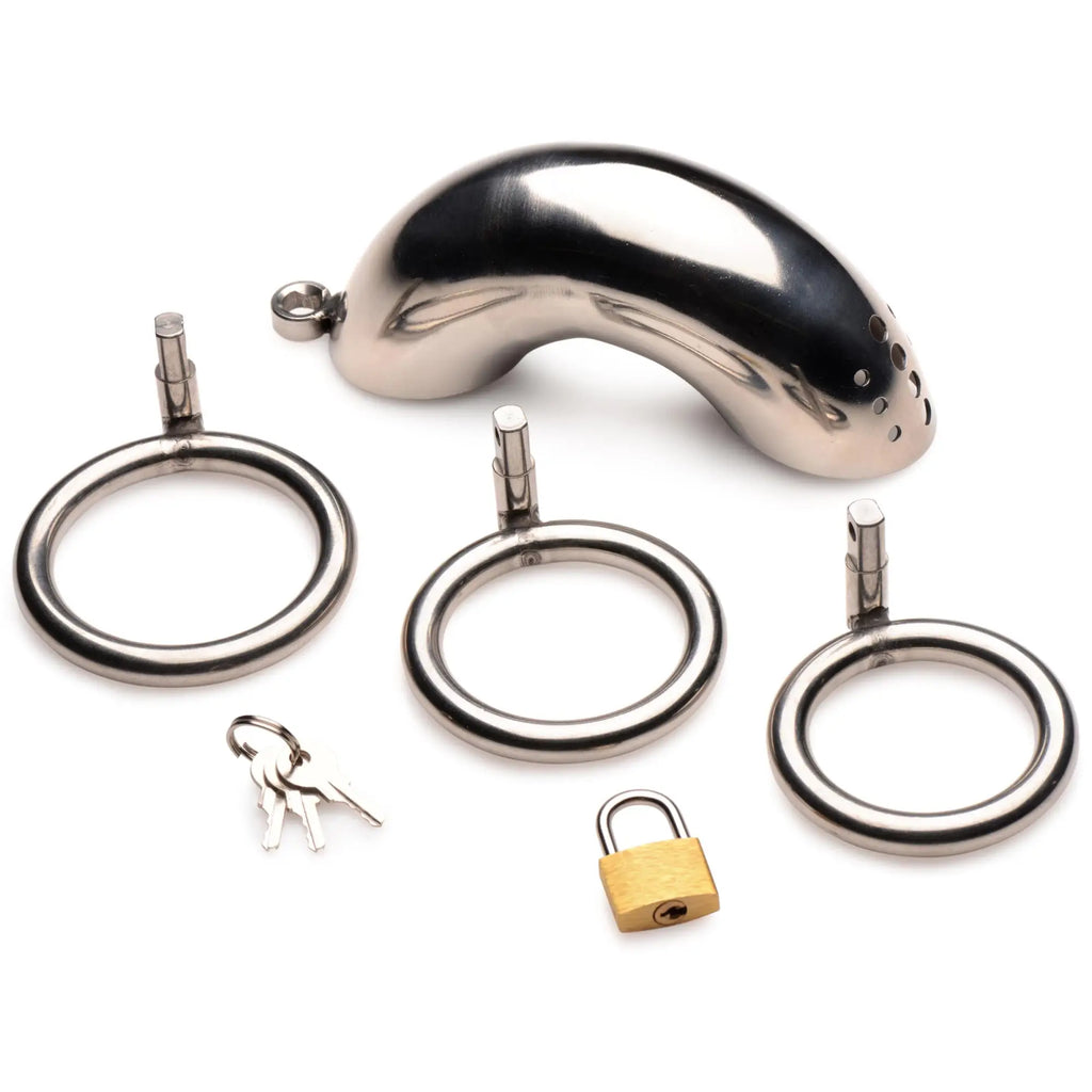 Master Series Forged Captor stainless steel cage, three base rings, a small padlock, and keys on a white background.