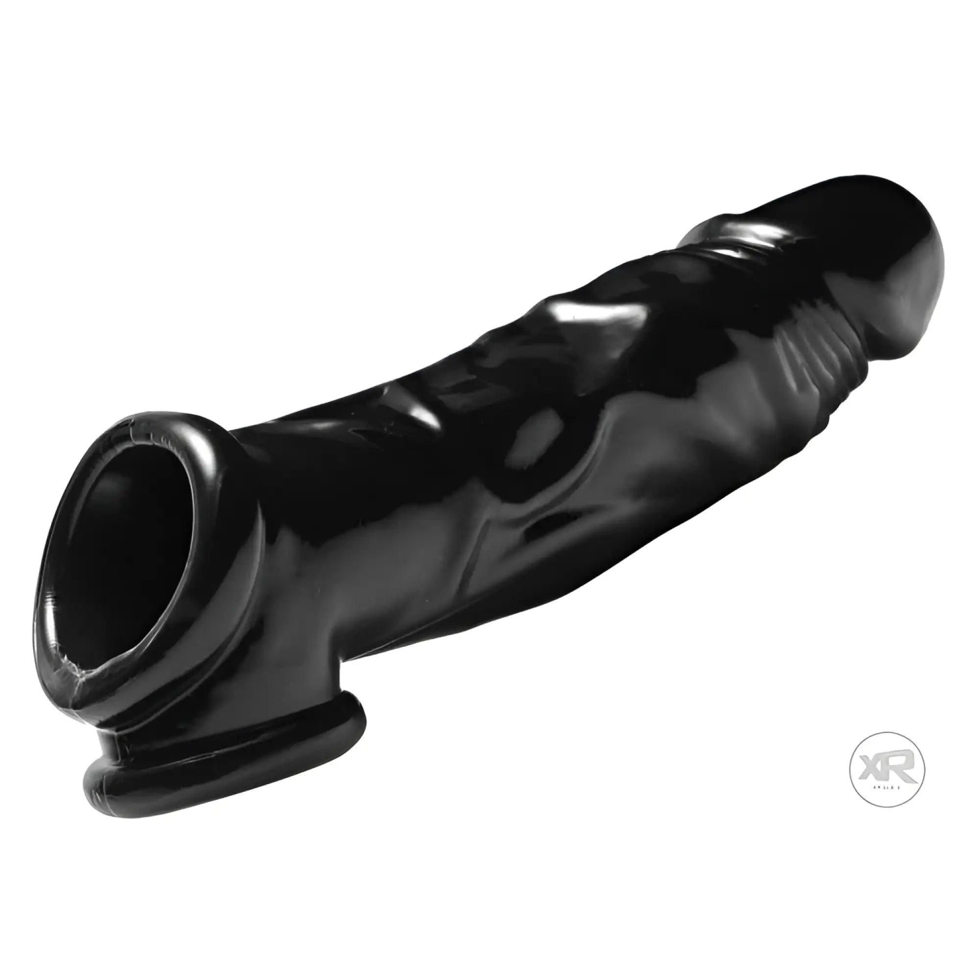 Master Series Fuk Tool sheath and ball stretcher in shiny black, featuring a textured, realistic phallic design.
