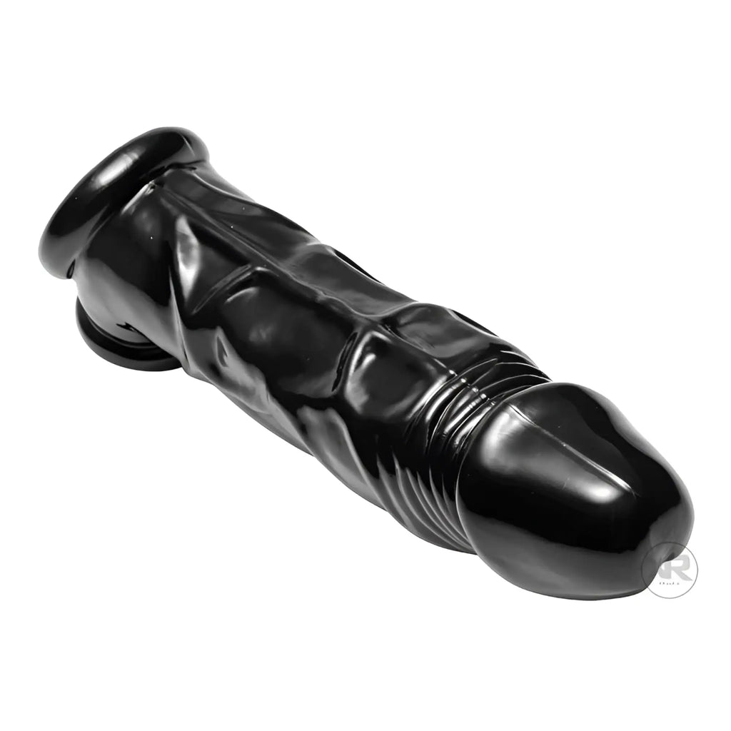Master Series Fuk Tool sheath and ball stretcher in shiny black, featuring a realistic, contoured phallic design.