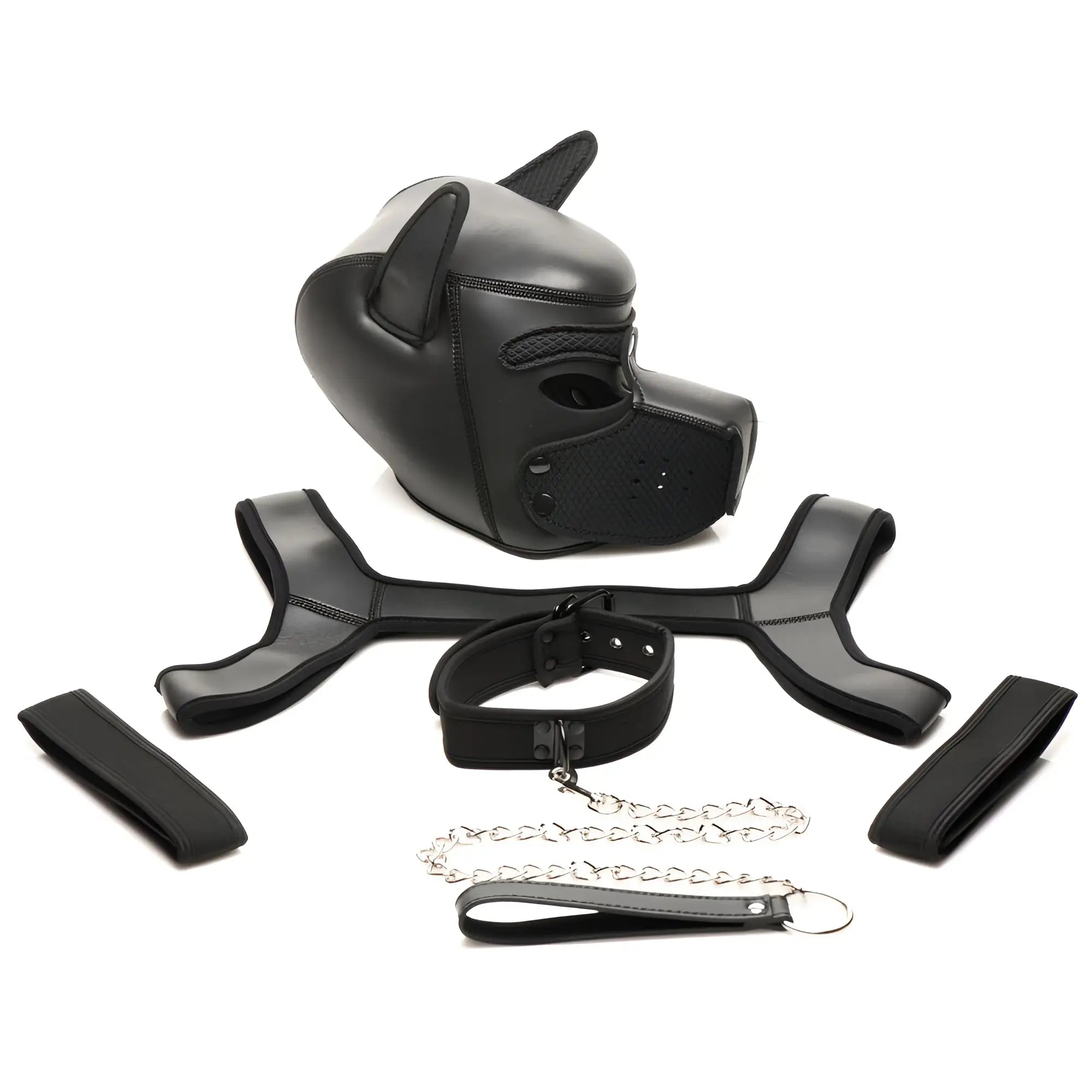 Master Series Full Pup Arsenal Set: a black neoprene pup hood, chest harness, collar with chain lead, and two arm cuffs.