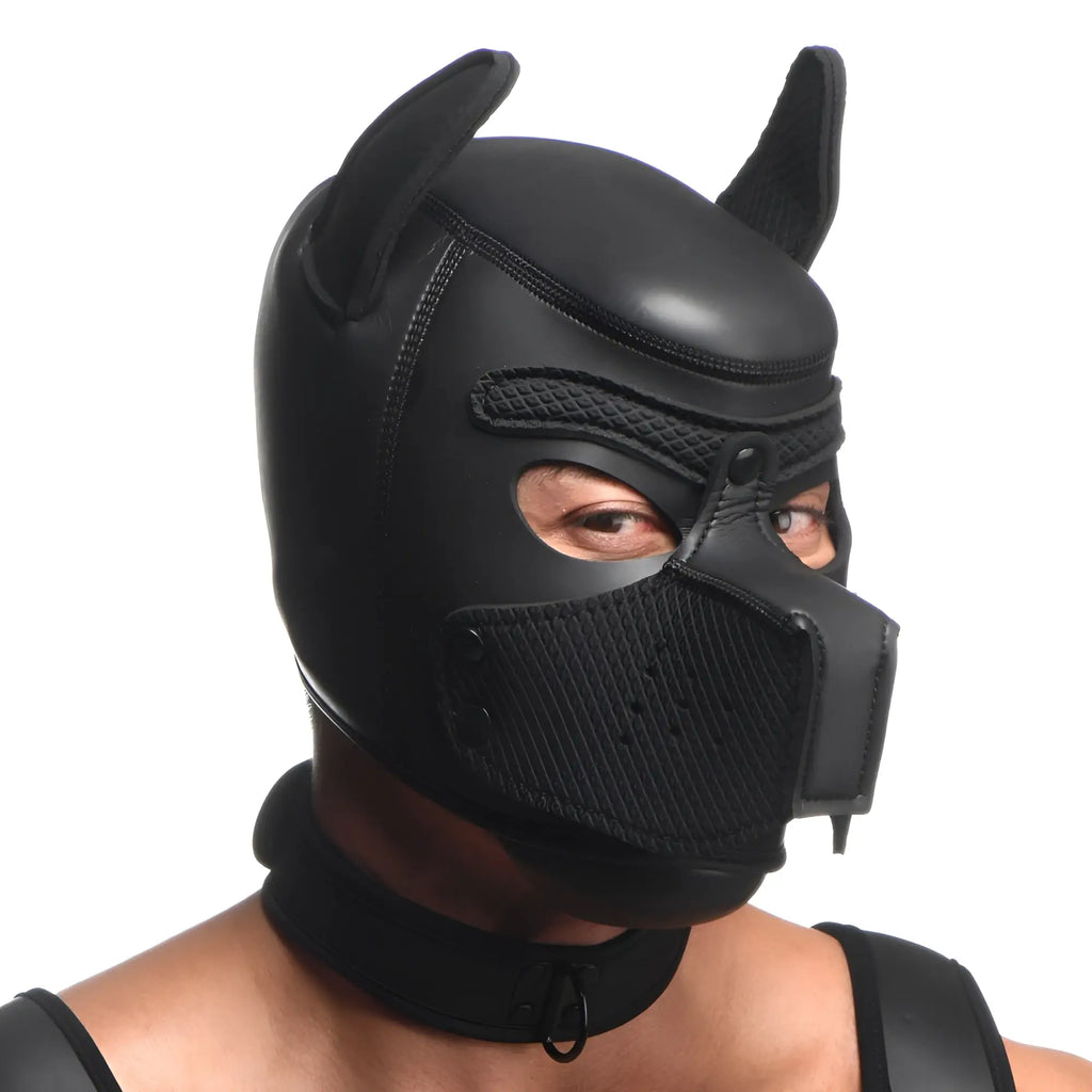 Master Series Full Pup Arsenal Set: A person wears a black neoprene dog hood with ears, a snout, and matching collar.