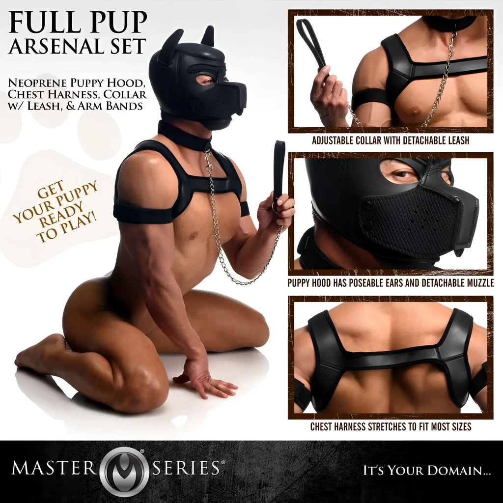 Master Series Full Pup Arsenal Set: A person in a black neoprene puppy hood, chest harness, collar, leash, and armbands.