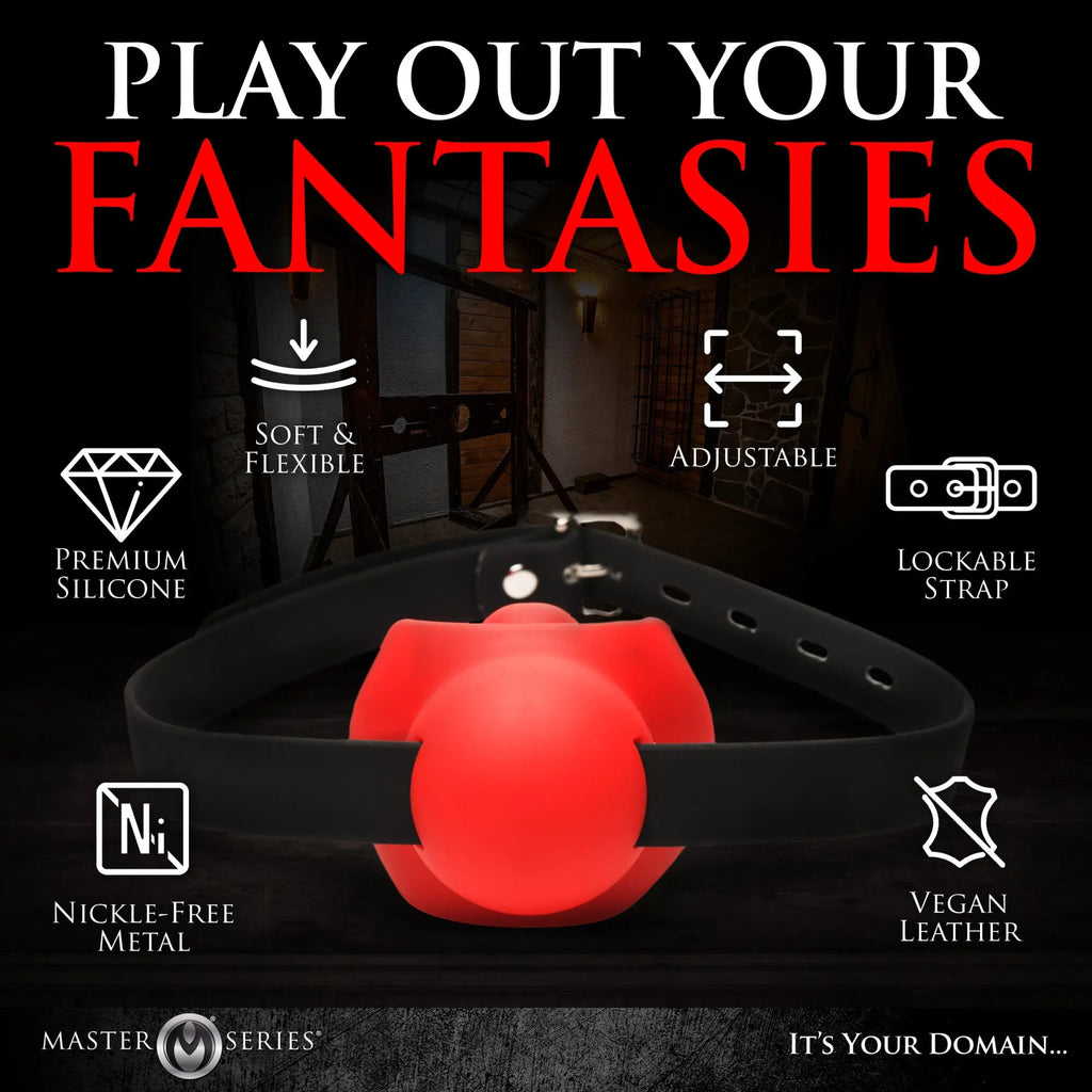 Master Series Gag Order Extreme: a red silicone ball gag on a black, adjustable, vegan leather strap.
