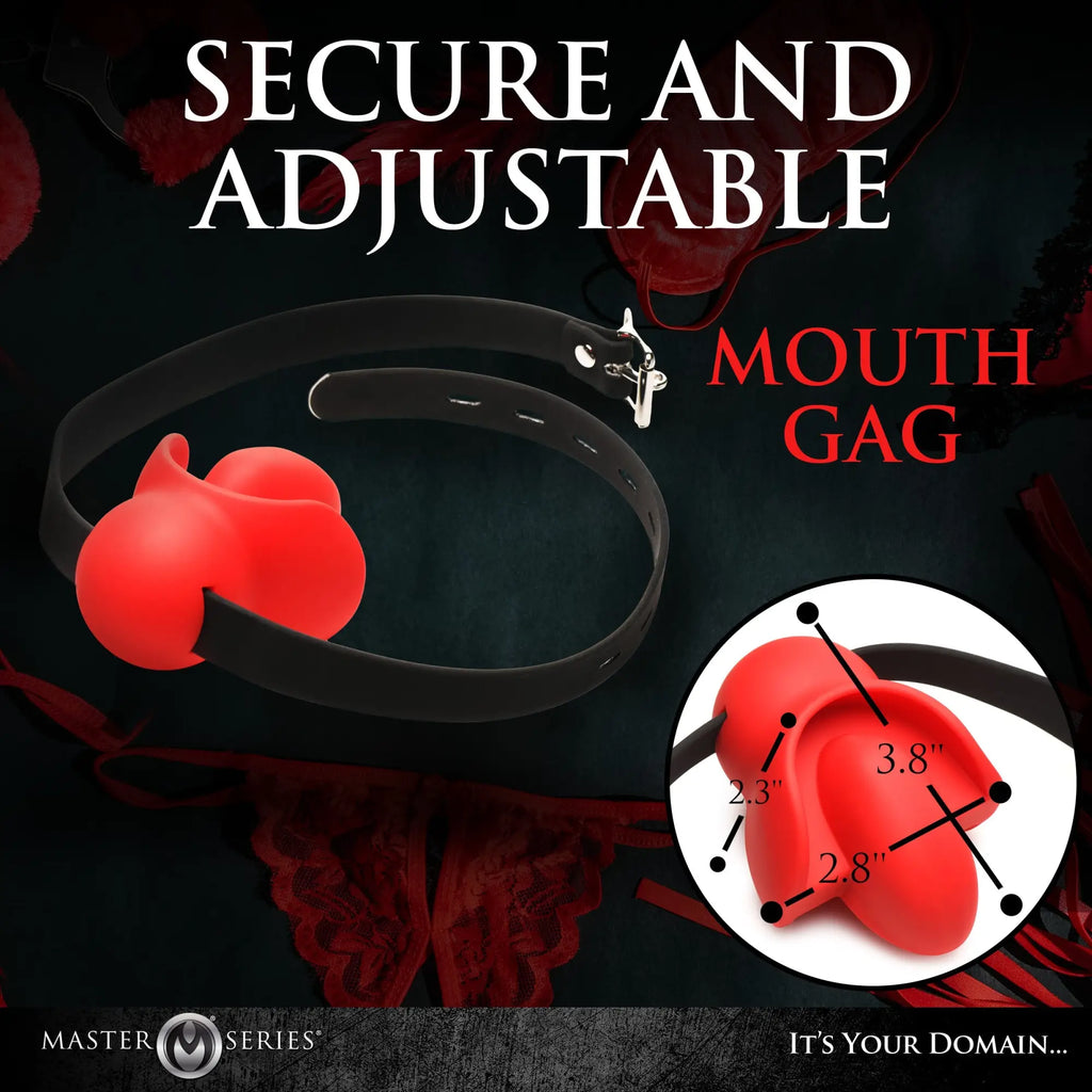 Master Series Gag Order Extreme: a bright red silicone mouth gag on an adjustable black strap with sizing diagram.