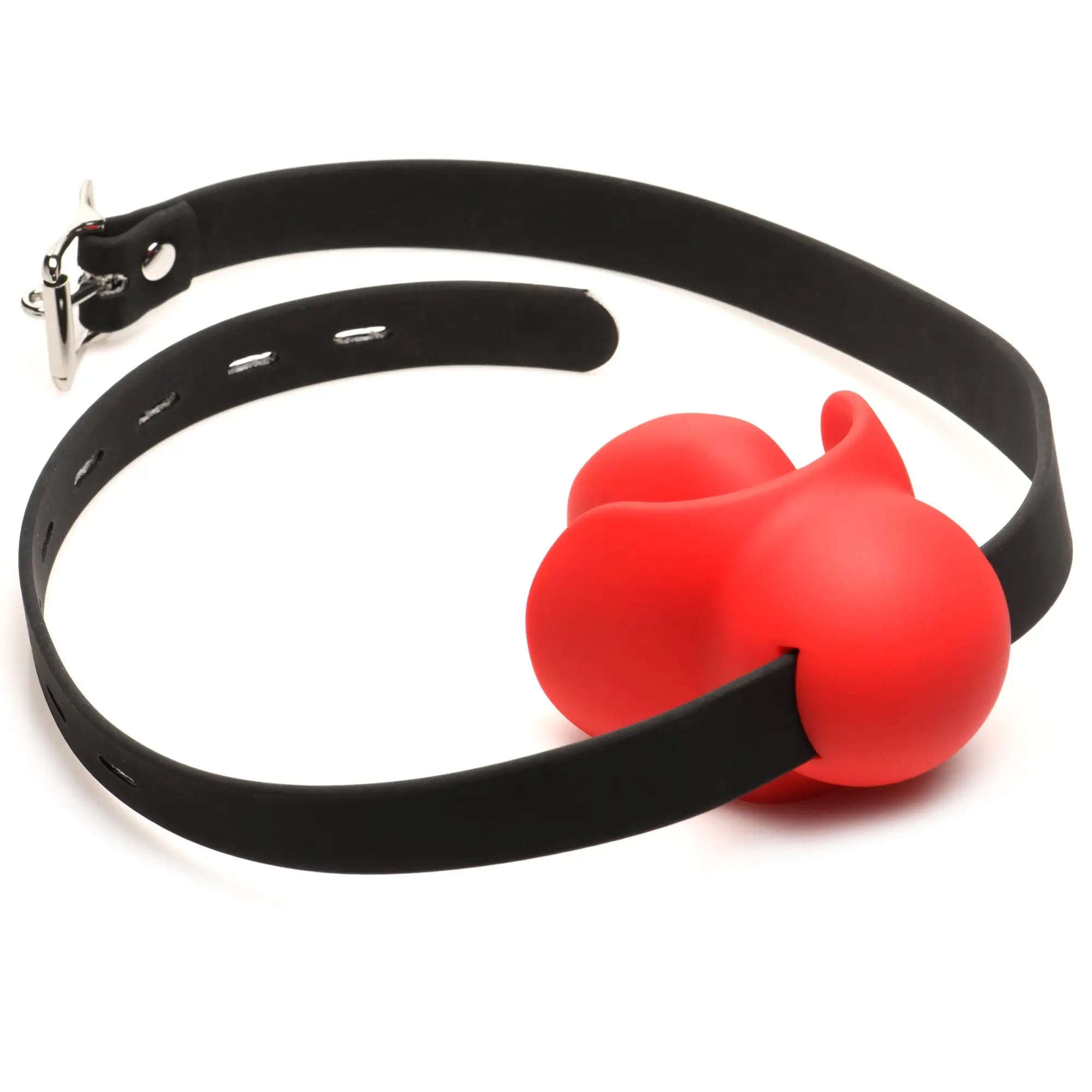 Master Series Gag Order Extreme: a red, uniquely shaped silicone gag on an adjustable black strap with a metal buckle.