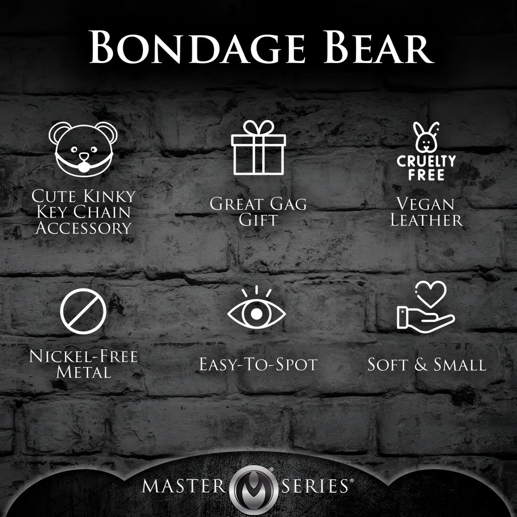 Master Series Gagged Teddy Bear Keychain graphic with white icons and text on a dark brick background.