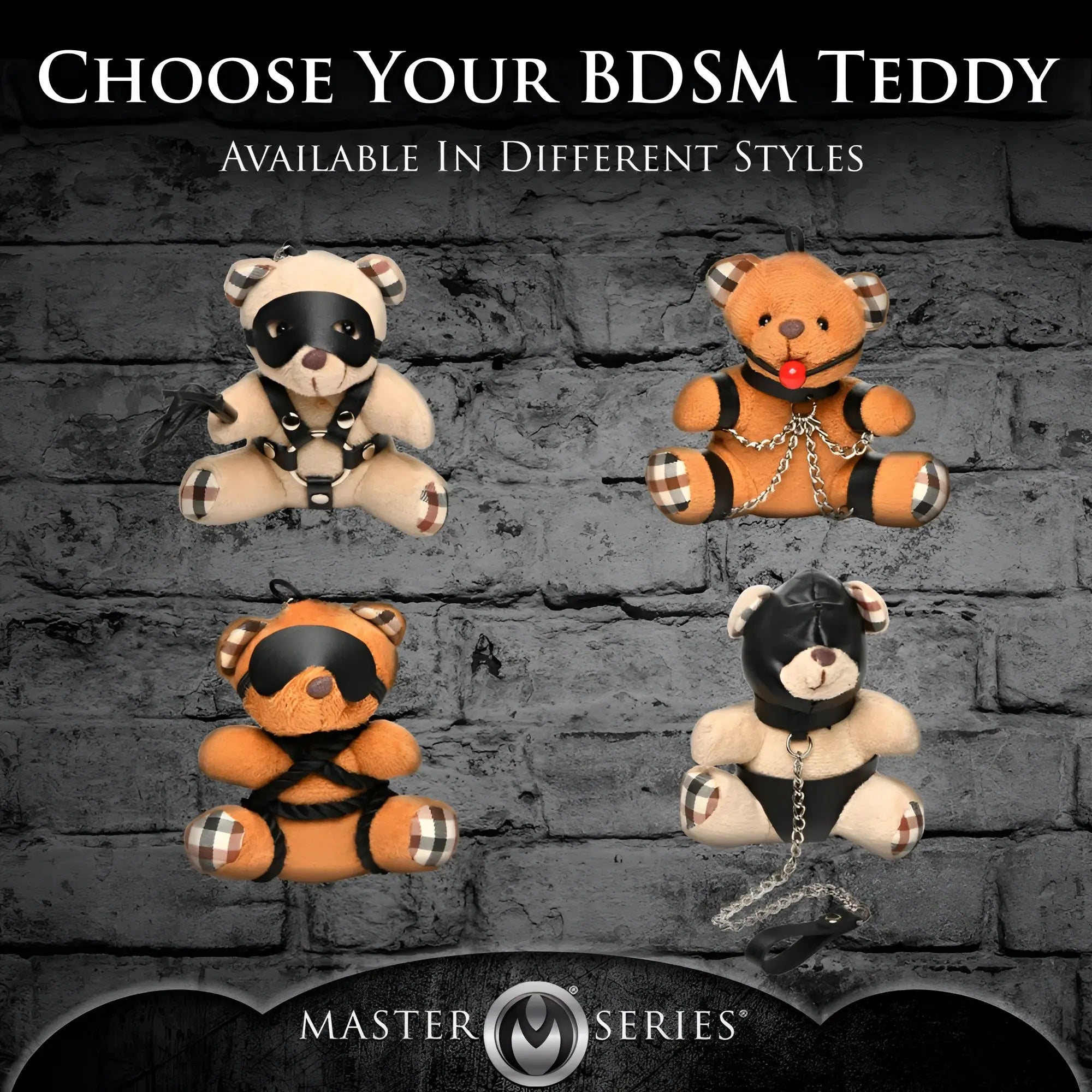 Master Series Gagged Teddy Bear keychains featuring four bears in different BDSM-themed outfits and plaid accents.