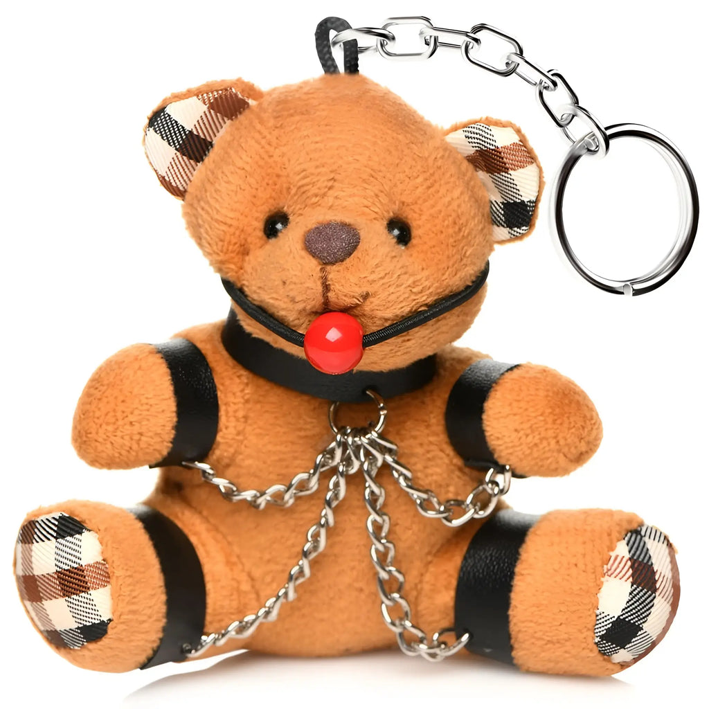 Master Series Gagged Teddy Bear Keychain with tan fur, plaid accents, black leather bondage gear, and metal chains.