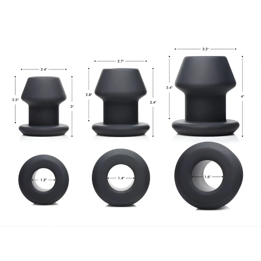 Master Series 3-piece grey hollow silicone anal dilator set shown from side and top angles with dimension markings.