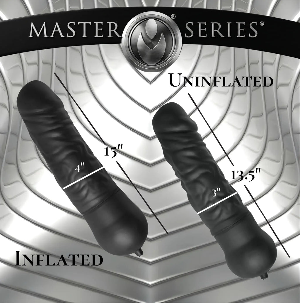 Master Series Giant Inflatable Solid Core Dildo: Two black phallic toys showing inflated and uninflated dimensions.