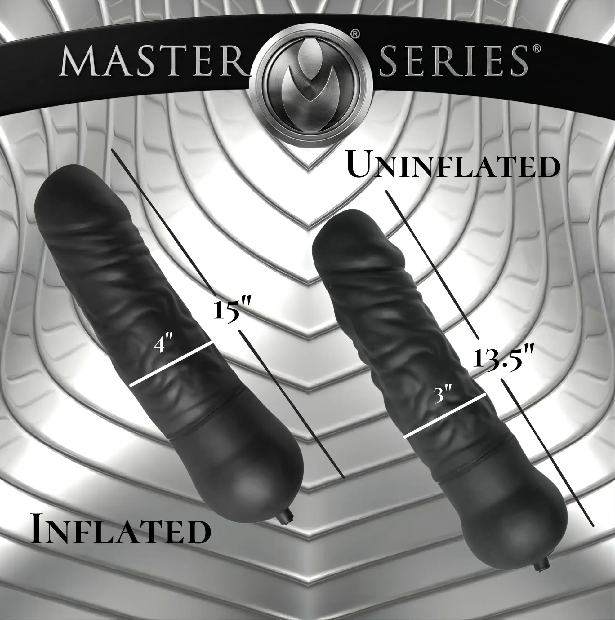Master Series Giant Inflatable Solid Core Dildo: Two black phallic toys showing inflated and uninflated dimensions.