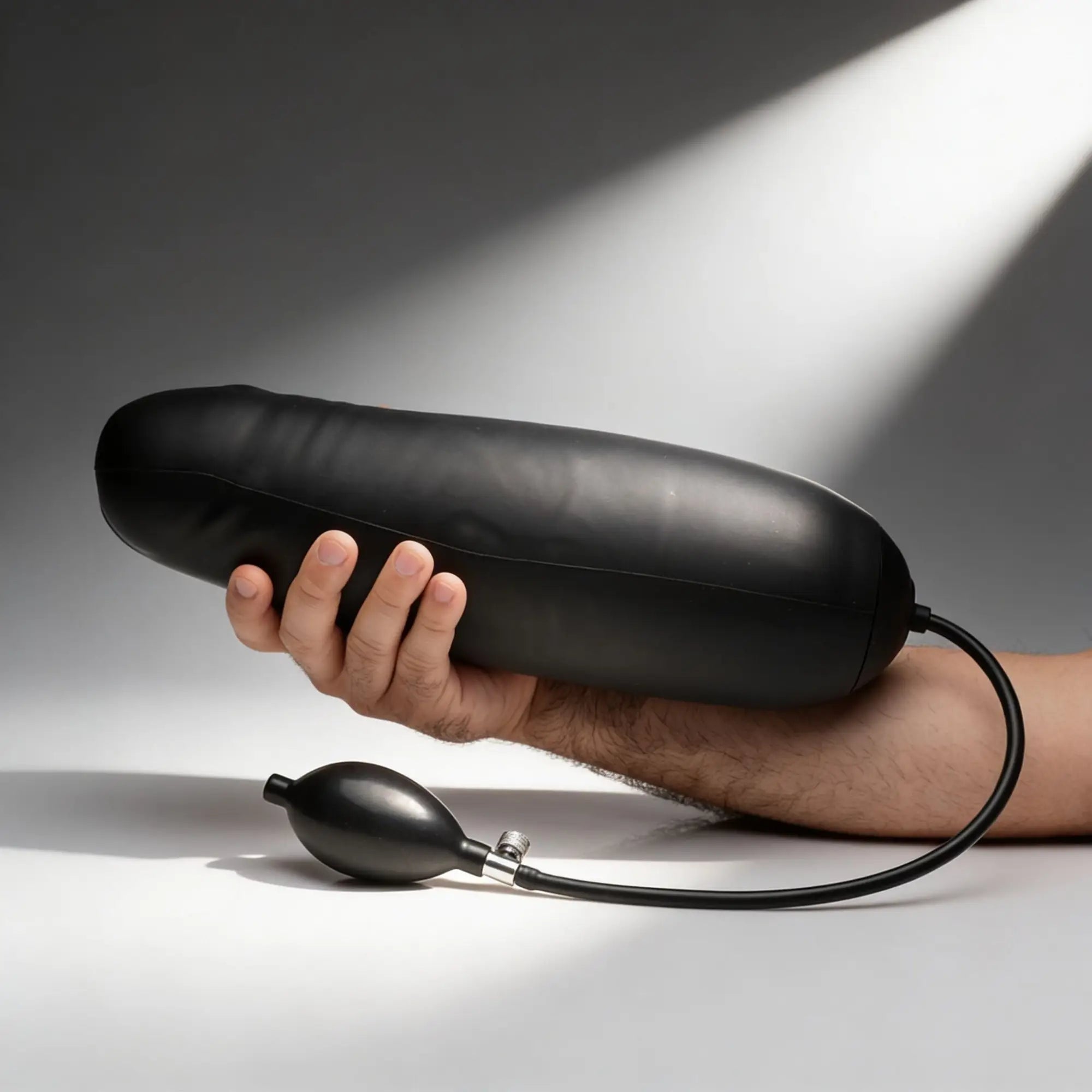 Master Series Giant Inflatable Dildo in matte black, held in a hand with an attached manual inflation pump.