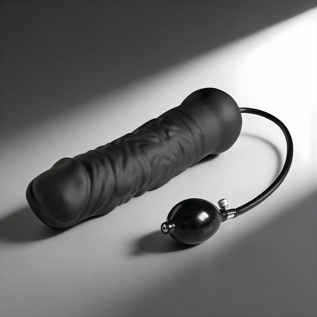 Master Series Giant Inflatable Solid Core Dildo: A textured, black, phallic-shaped toy with a connected air pump bulb.