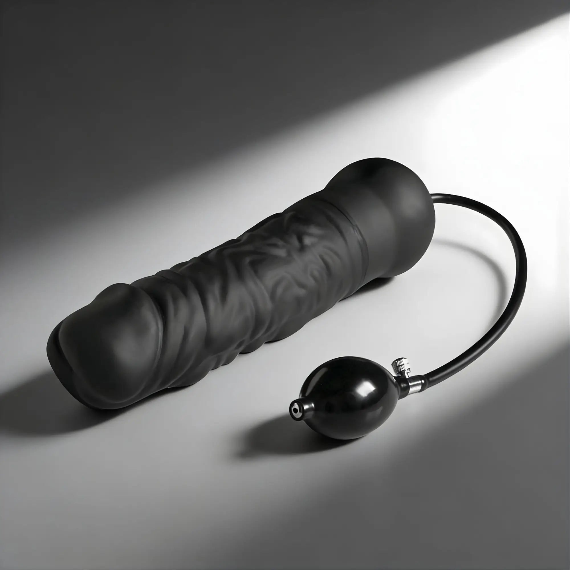 Master Series Giant Inflatable Solid Core Dildo: A textured, black, phallic-shaped toy with a connected air pump bulb.