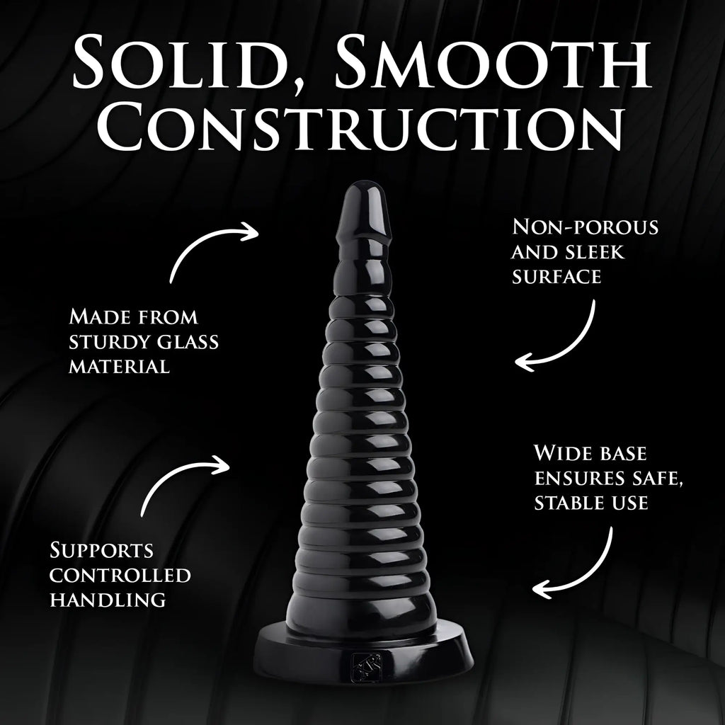 Master Series Giant Ribbed Anal Cone: A tall, black glass tapered cone with a ribbed design and a wide, stable base.