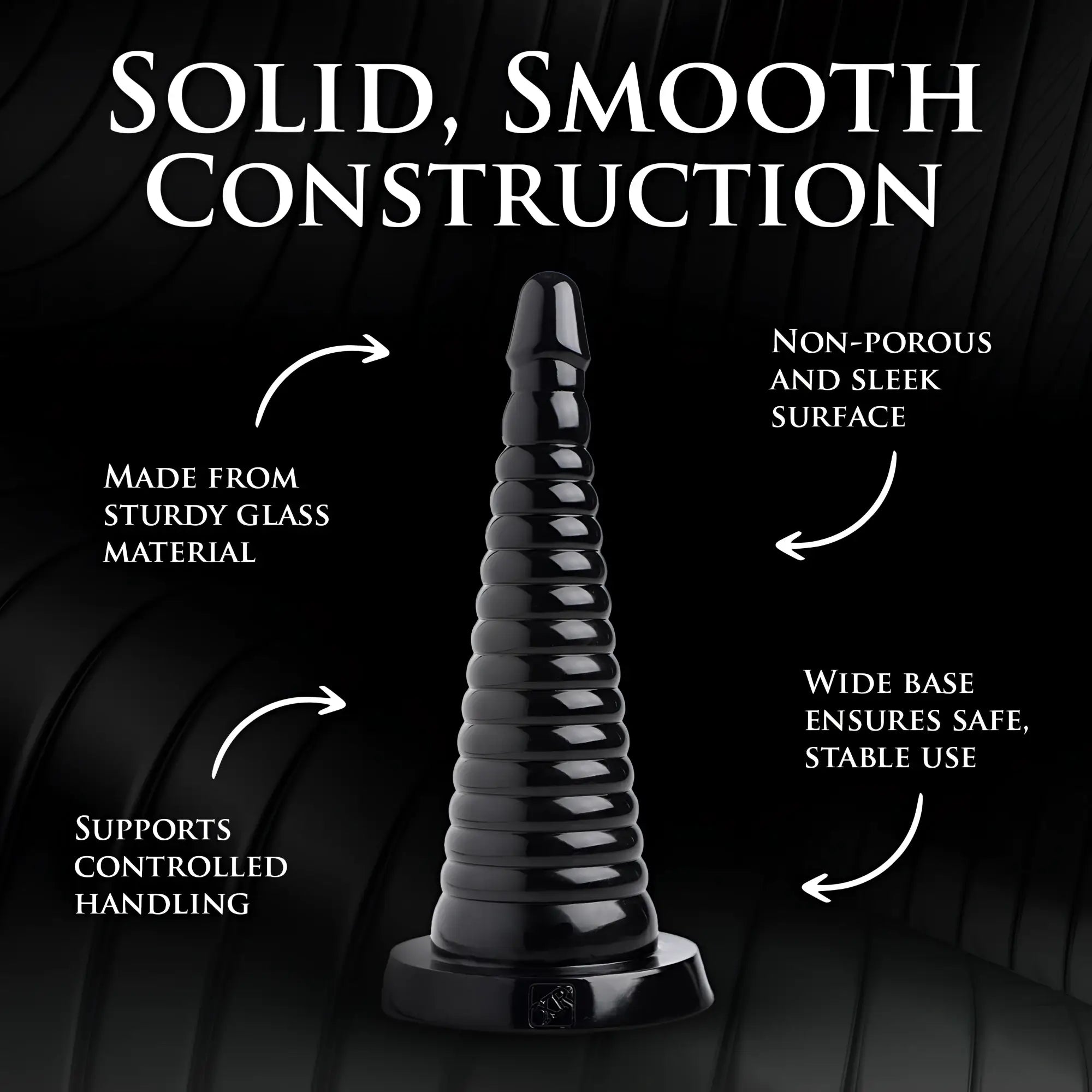 Master Series Giant Ribbed Anal Cone: A tall, black glass tapered cone with a ribbed design and a wide, stable base.