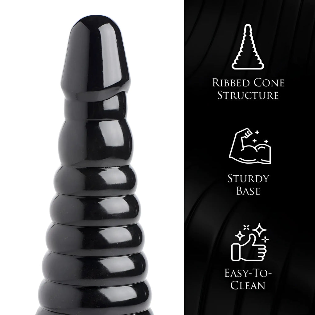 Master Series Giant Ribbed Anal Cone in glossy black, featuring a tapered, ribbed design and three product benefits.