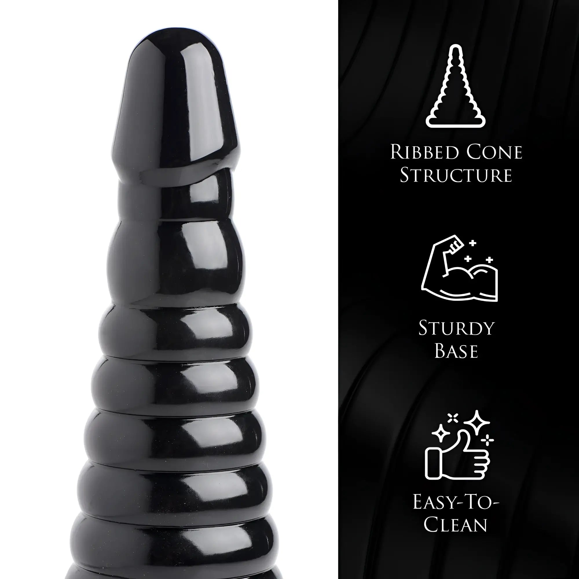 Master Series Giant Ribbed Anal Cone in glossy black, featuring a tapered, ribbed design and three product benefits.