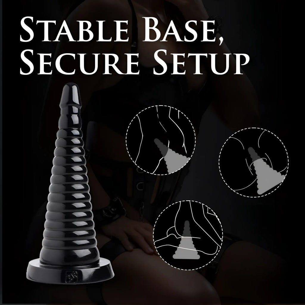 Master Series Giant Ribbed Anal Cone in black with a wide base, shown alongside diagrams of its use.