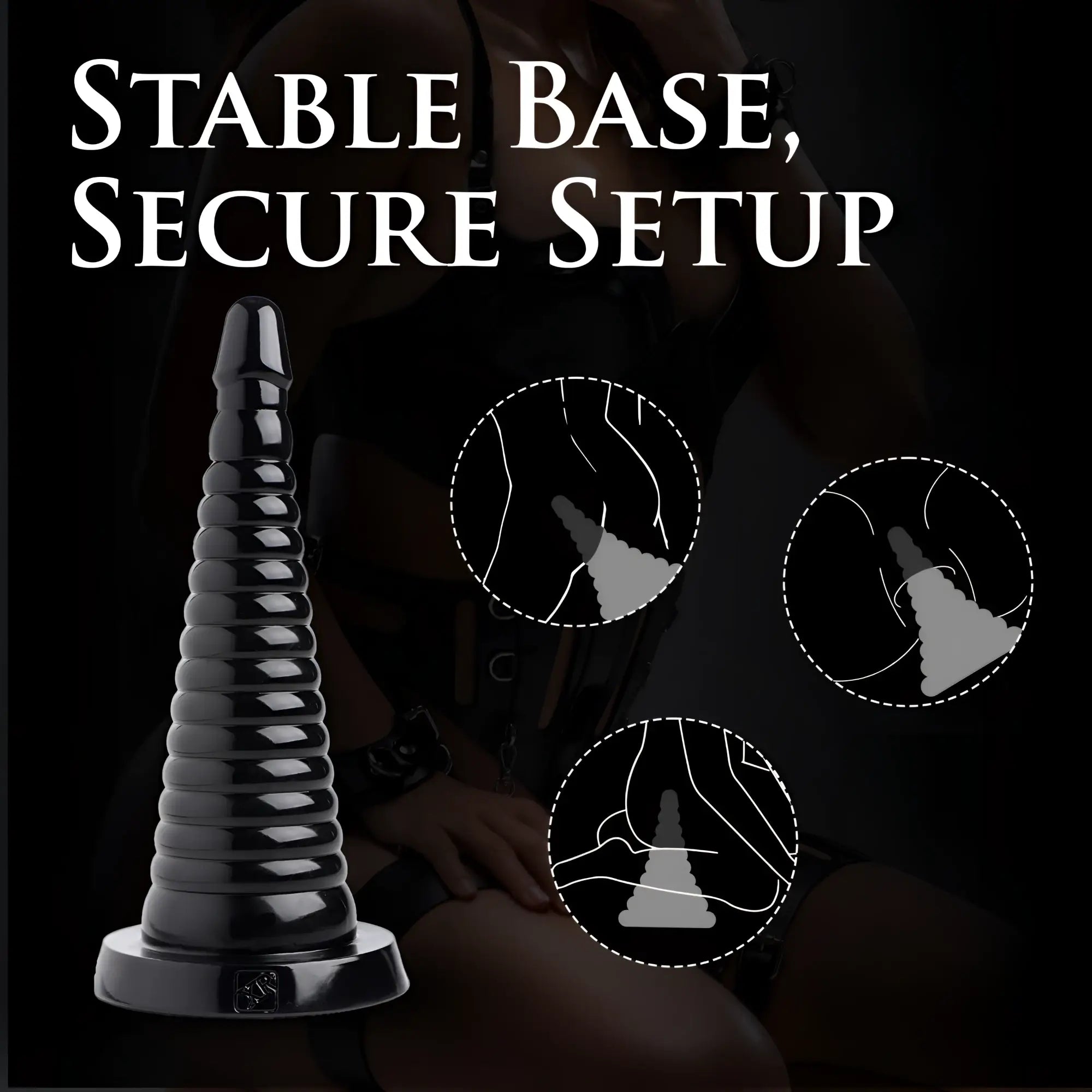 Master Series Giant Ribbed Anal Cone in black with a wide base, shown alongside diagrams of its use.