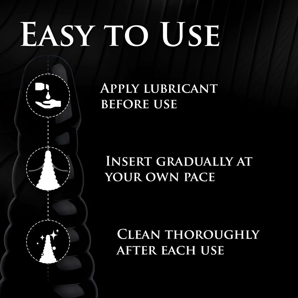 Master Series Giant Ribbed Anal Cone in black shown with instructional icons for lubrication, insertion, and cleaning.