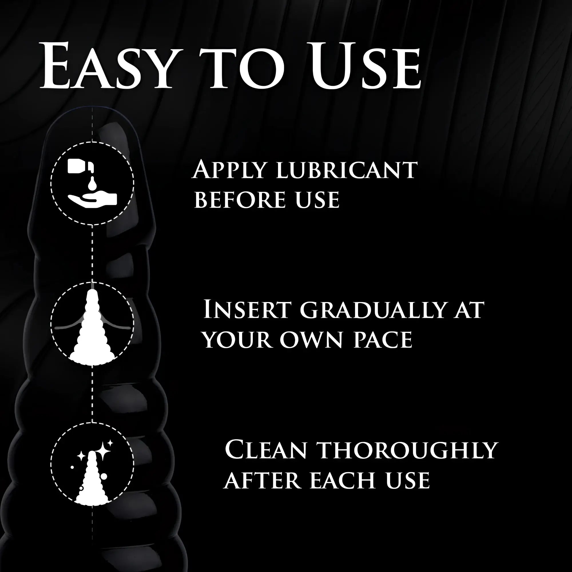 Master Series Giant Ribbed Anal Cone in black shown with instructional icons for lubrication, insertion, and cleaning.