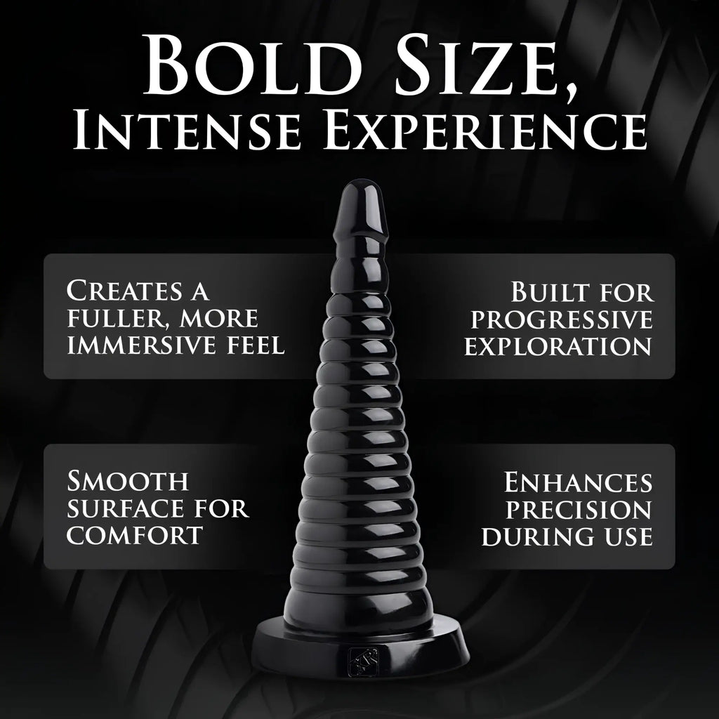 Master Series Giant Ribbed Anal Cone: a sleek, black, conical toy with progressive ridges and a sturdy base.